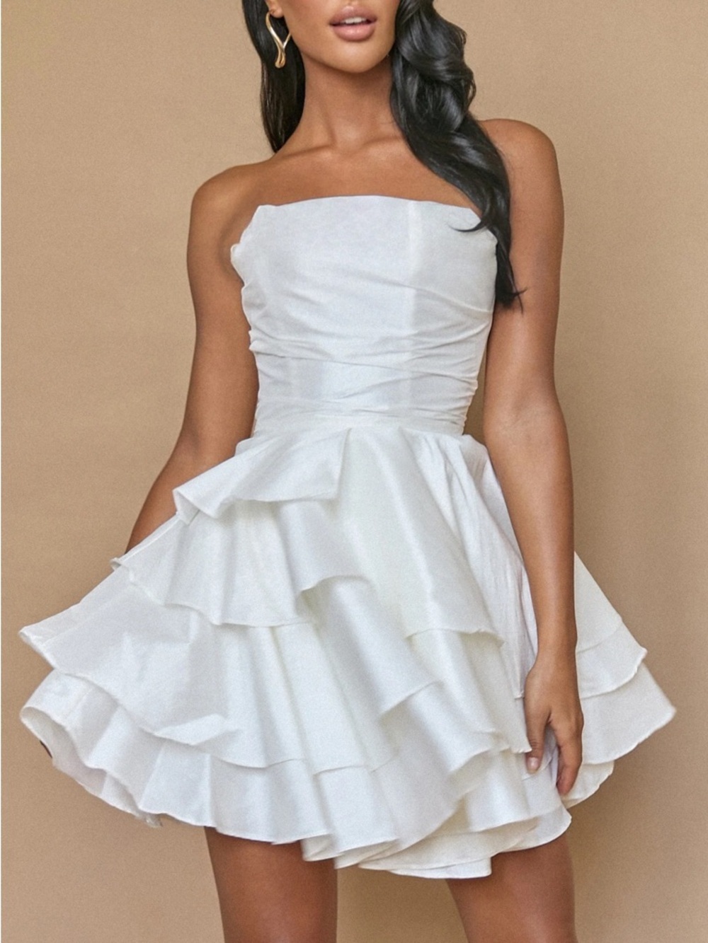 Showpo Allisyn Mini Dress Strapless Tiered Flare Bridal White